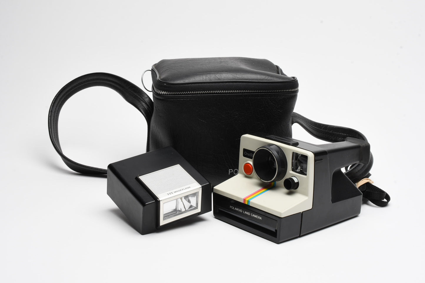 Polaroid One Step Land Instant camera w/rainbow stripe, Electronic Flash, Case