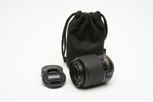 Nikon AFS Nikkor 55-200mm F4-5.6G ED DX VR zoom lens, caps, pouch, Clean