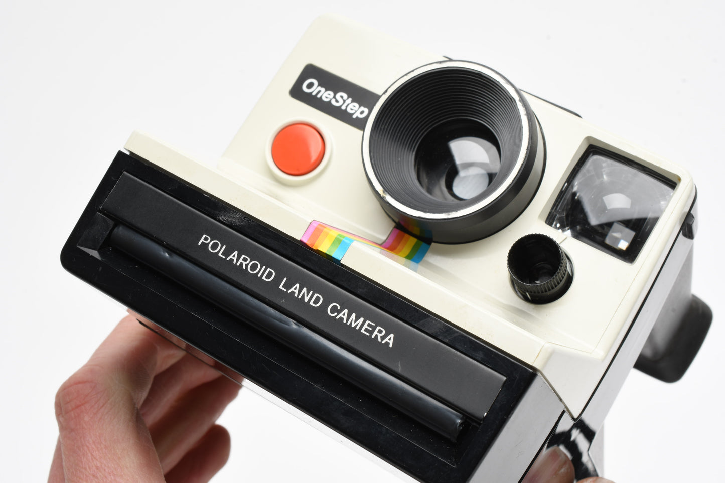 Polaroid One Step Land Instant camera w/rainbow stripe, Electronic Flash, Case