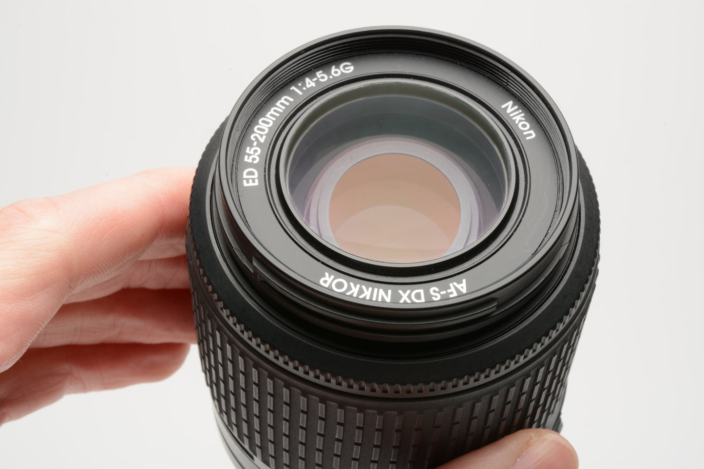 Nikon AFS Nikkor 55-200mm F4-5.6G ED DX VR zoom lens, caps, pouch, Clean