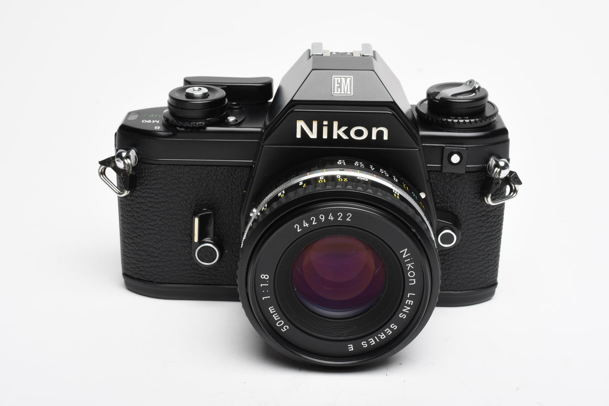Nikon EM 35mm SLR w/Nikon Series E 50mm f1.8 Lens, Strap, New seals, Great!