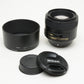 Nikon AF-S Nikkor 85mm f1.8G lens, Mint-, USA w/Hood+Caps