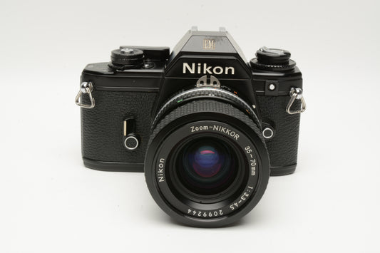 Nikon EM 35mm SLR w/Nikon Nikkor 35-70mm zoom, strap, Tested