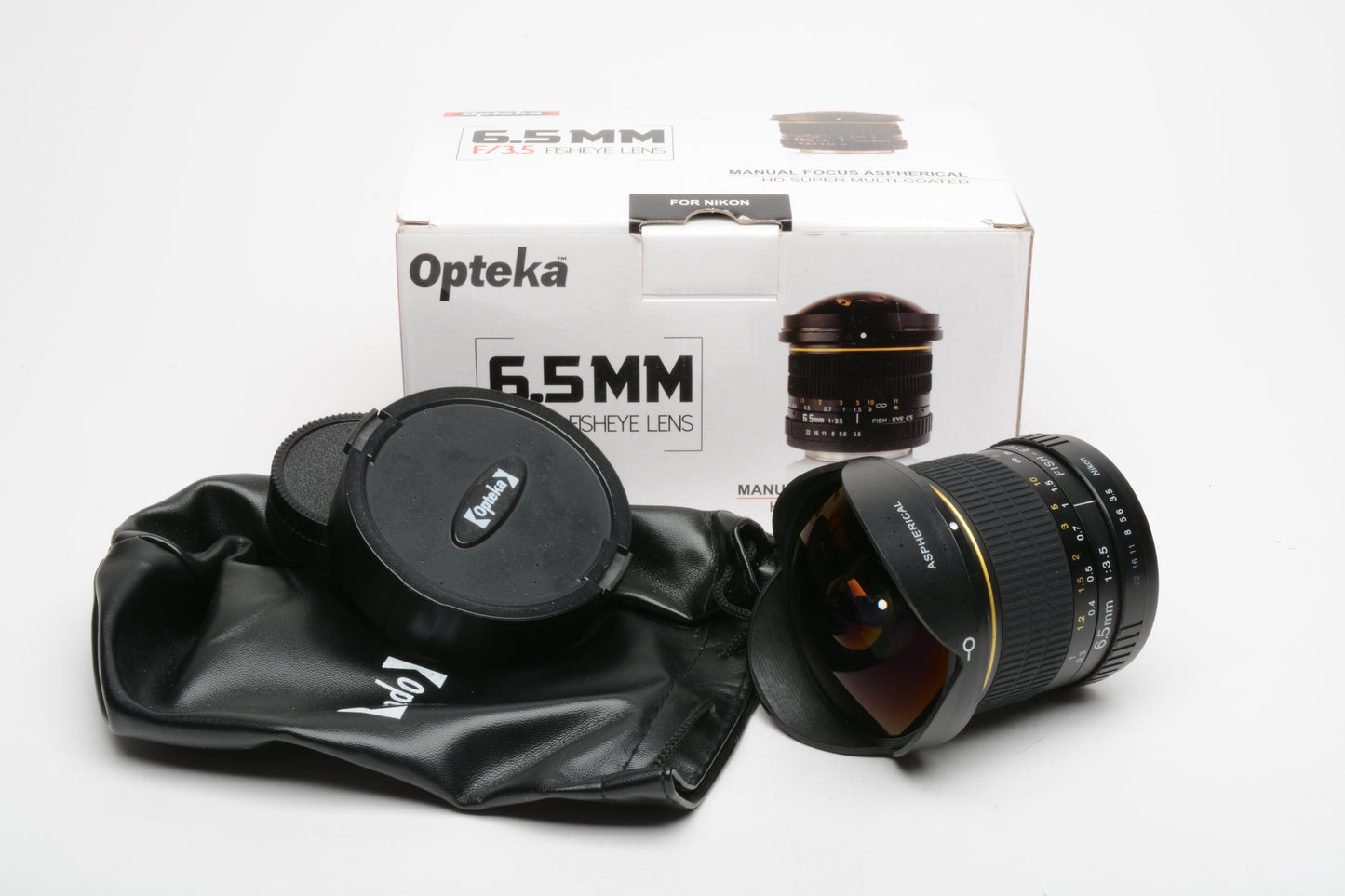 Opteka 6.5mm f3.5 Fisheye Prime lens w/pouch, caps, box, Nikon F-Mount