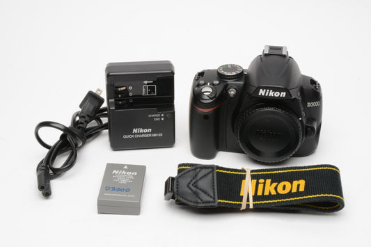 Nikon D3000 DSLR Body, Clean, tested, 12K Acts, batt+charger, Nice!