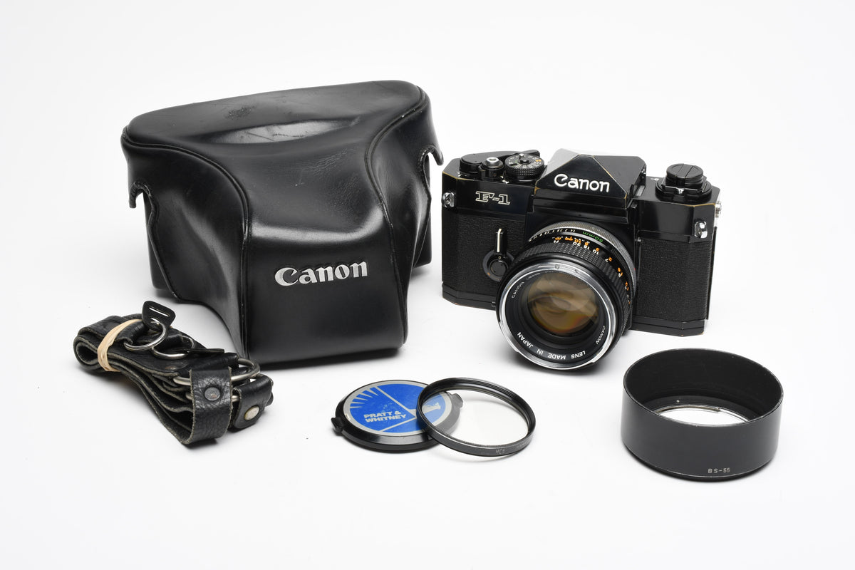 Canon F-1 35mm SLR Camera w/50mm F1.4 Prime, Hood, Case, New seals, Great!