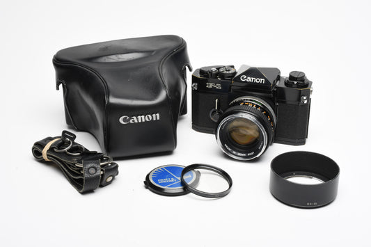 Canon F-1 35mm SLR Camera w/50mm F1.4 Prime, Hood, Case, New seals, Great!