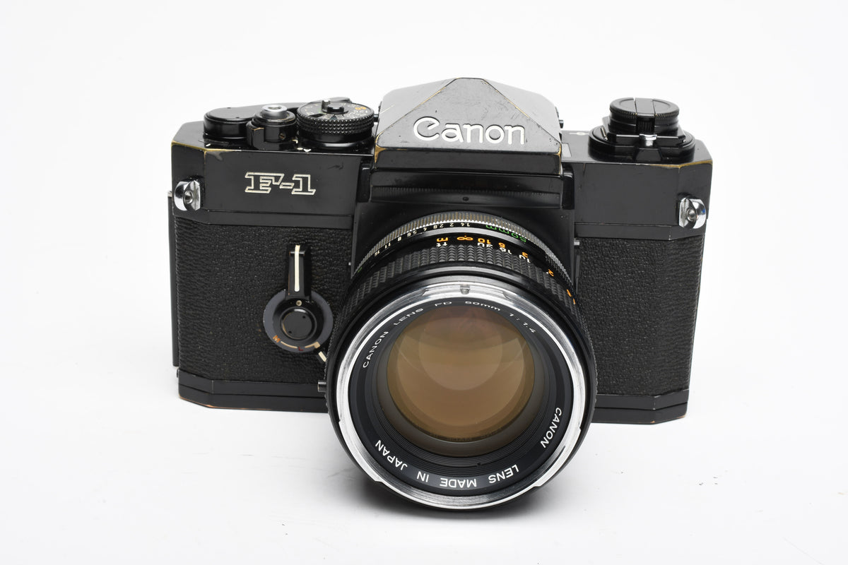 Canon F-1 35mm SLR Camera w/50mm F1.4 Prime, Hood, Case, New seals, Great!