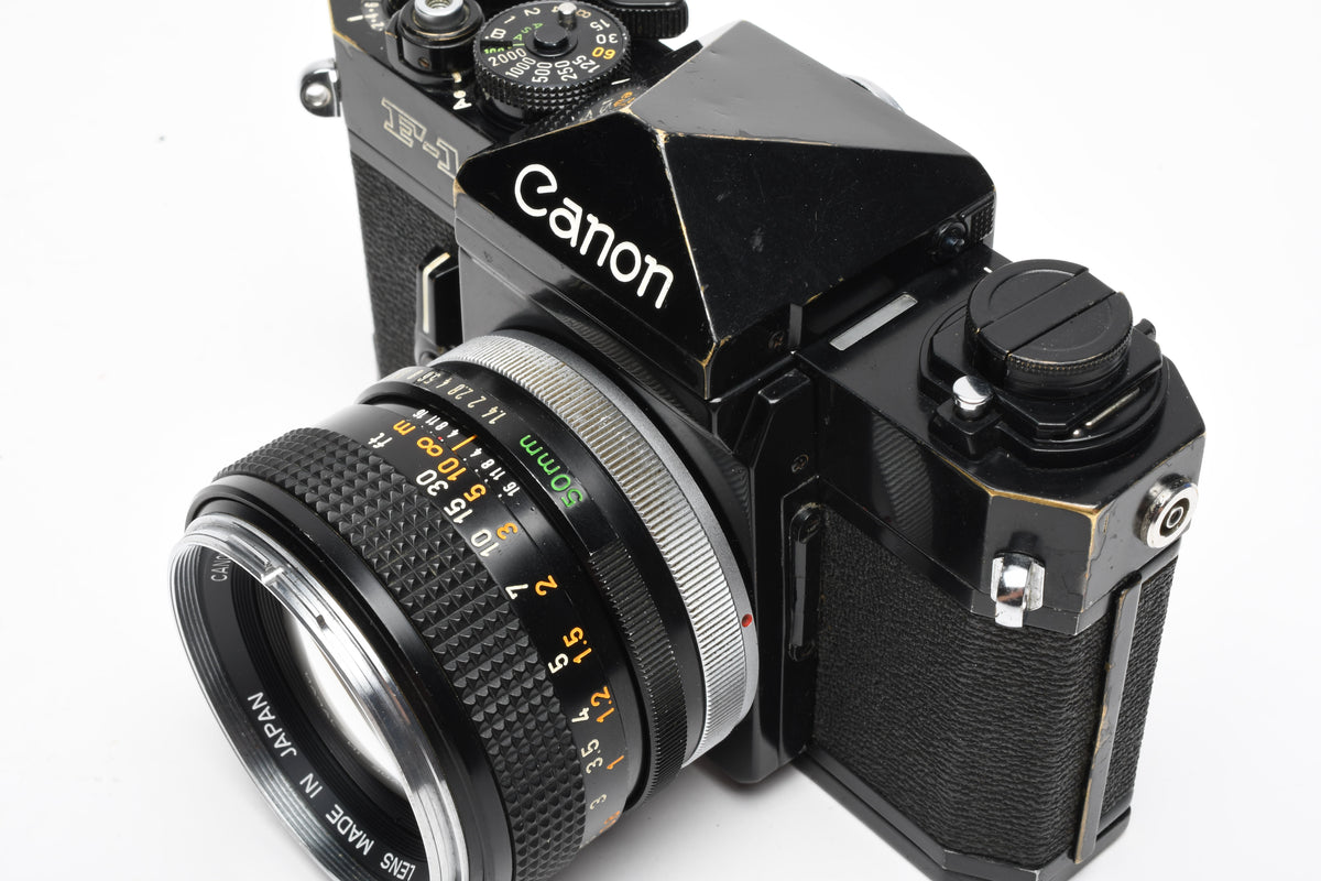 Canon F-1 35mm SLR Camera w/50mm F1.4 Prime, Hood, Case, New seals, Great!