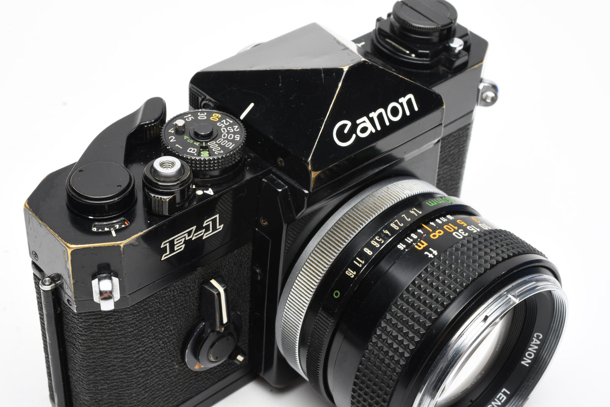 Canon F-1 35mm SLR Camera w/50mm F1.4 Prime, Hood, Case, New seals, Great!