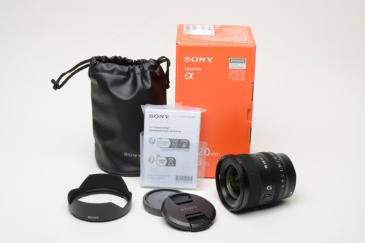 Sony FE 20mm f1.8G SEL20F18G wide lens, hood+caps, Mint