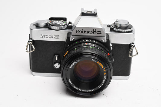 Minolta XD5 35mm SLR w/50mm f1.7 MD lens, New Seals, Strap