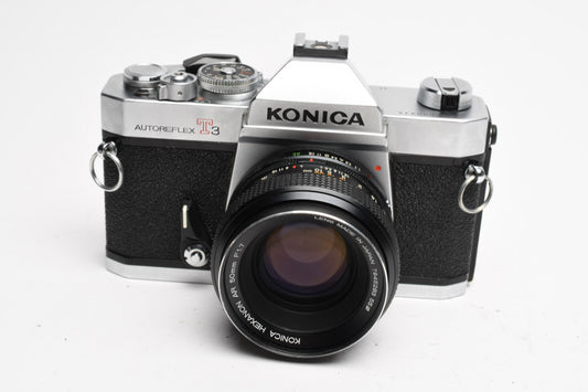 Konica Autoreflex T3 35mm SLR w/50mm f1.7 lens, New Seals, Strap