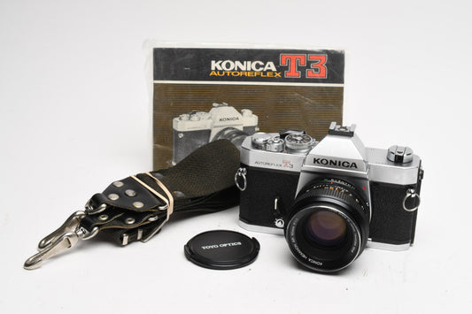 Konica Autoreflex T3 35mm SLR w/50mm f1.7 lens, New Seals, Strap