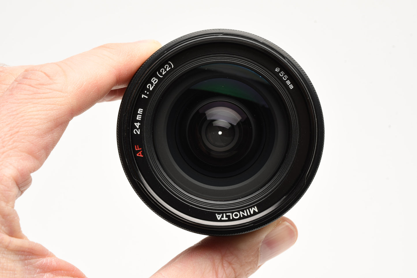 Minolta Maxxum AF 24mm f2.8 Wide lens, Hood+Caps, Mint-