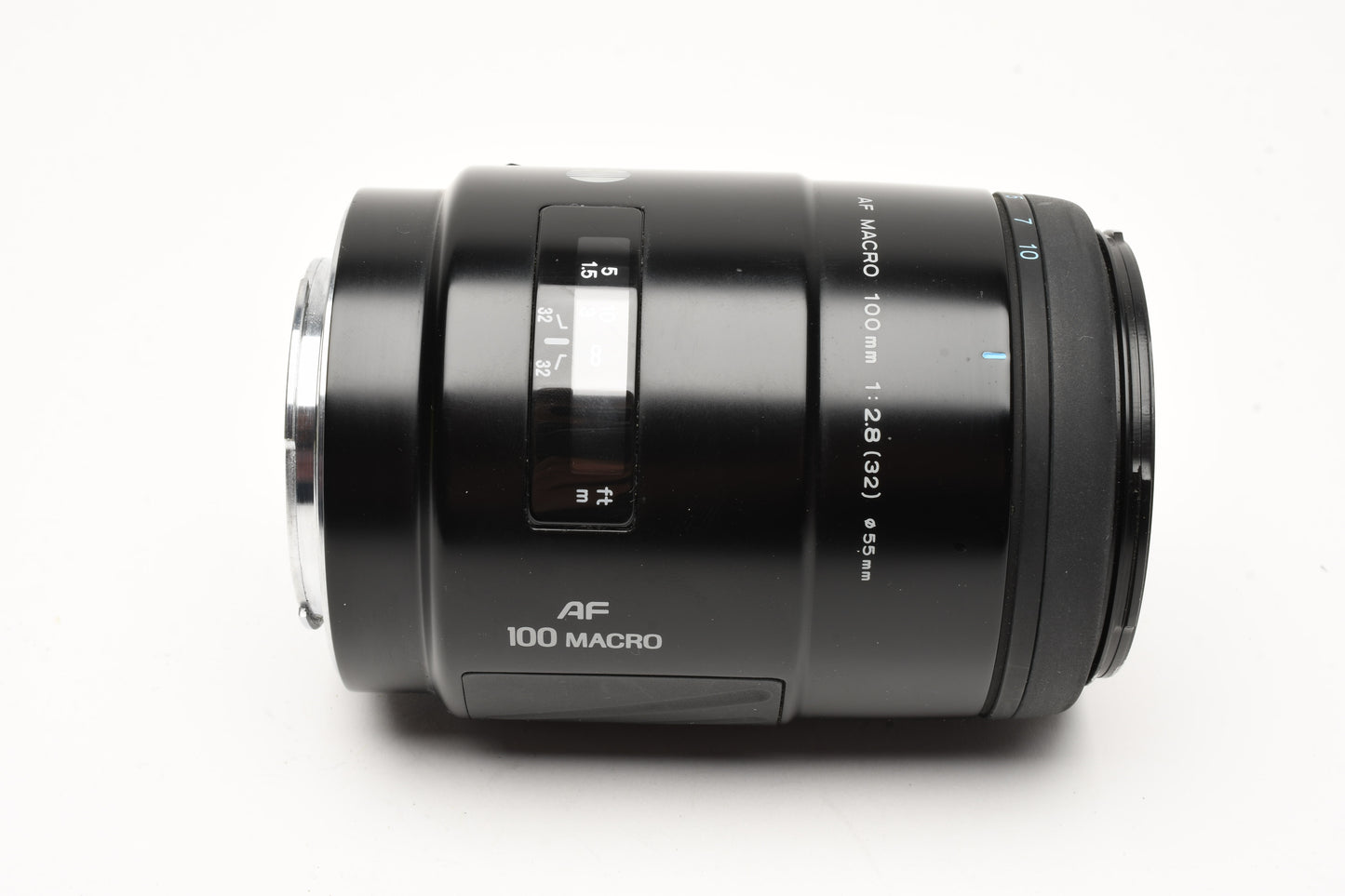 Minolta Maxxum AF 100mm f2.8 Macro lens, Hood+Caps, Mint-