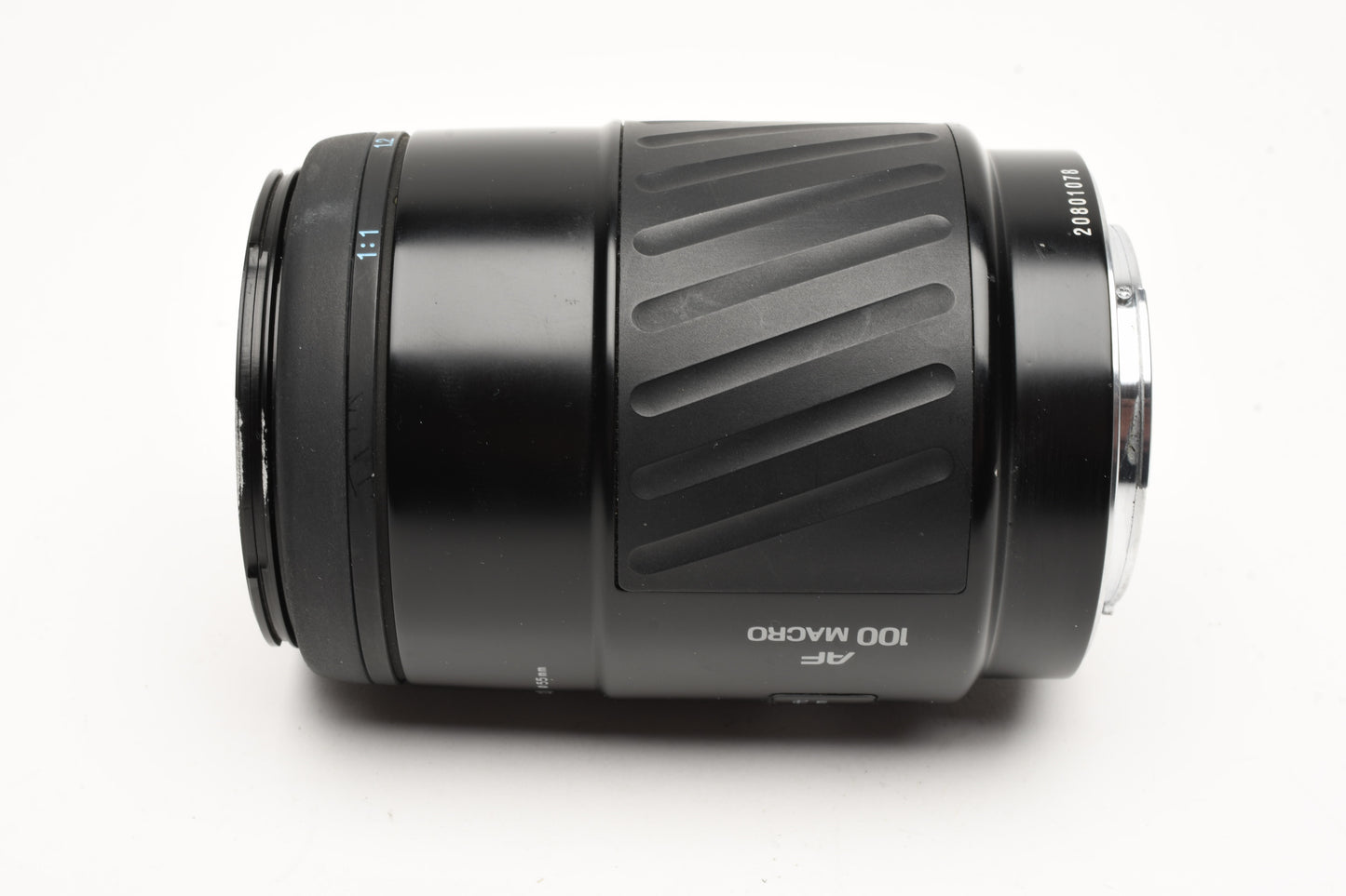 Minolta Maxxum AF 100mm f2.8 Macro lens, Hood+Caps, Mint-