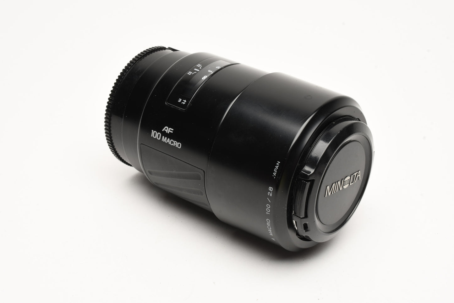 Minolta Maxxum AF 100mm f2.8 Macro lens, Hood+Caps, Mint-