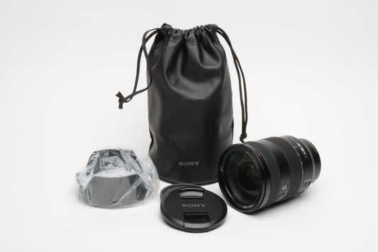 Sony FE 24-105mm f4 GM OSS zoom lens, pouch, hood, caps