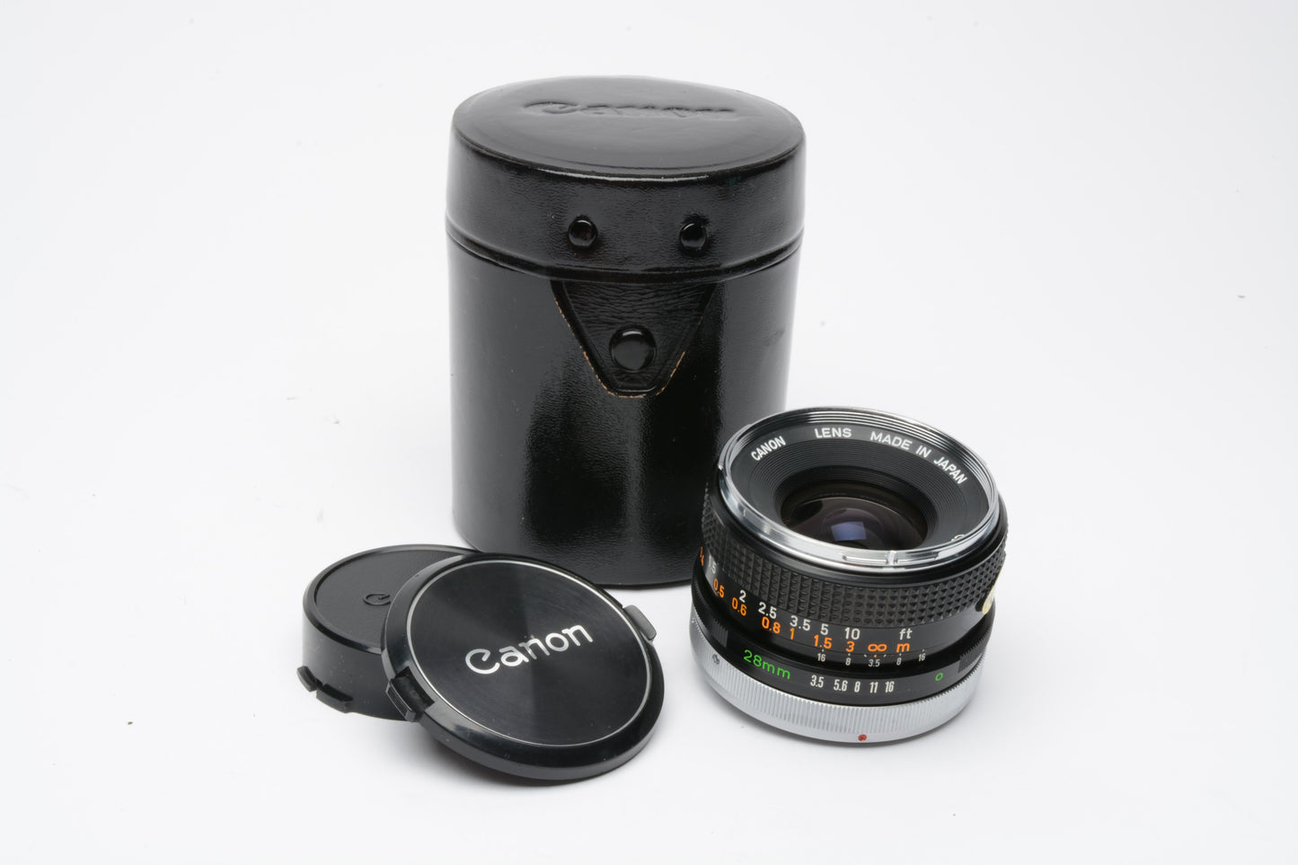 Canon FD 28mm F3.5 Chrome Nose Lens for Canon FD Mount, caps+case