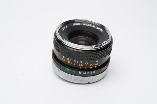 Canon FD 28mm F3.5 Chrome Nose Lens for Canon FD Mount, caps+case