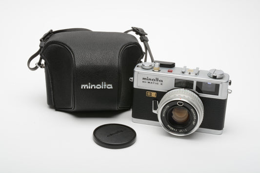 Minolta Hi-Matic E Rangefinder 35mm Film Camera w/Case, strap and cap, Tested