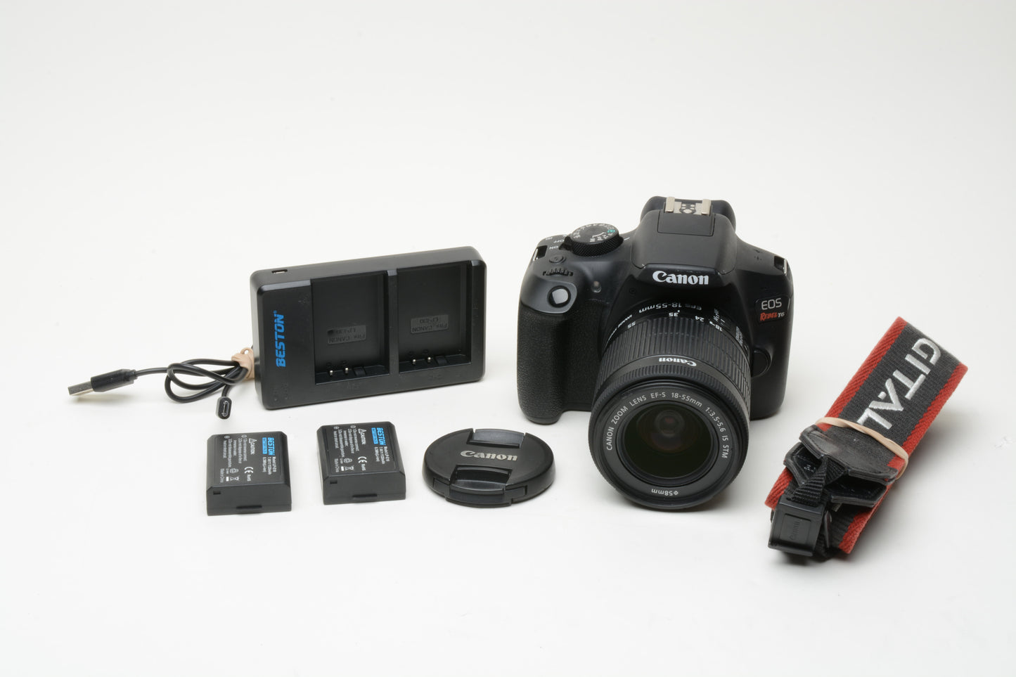 Canon Rebel T6 18MP DSLR w/18-55mm f3.5-5.6 IS STM, 2batts+charger++ 2211 Acts!