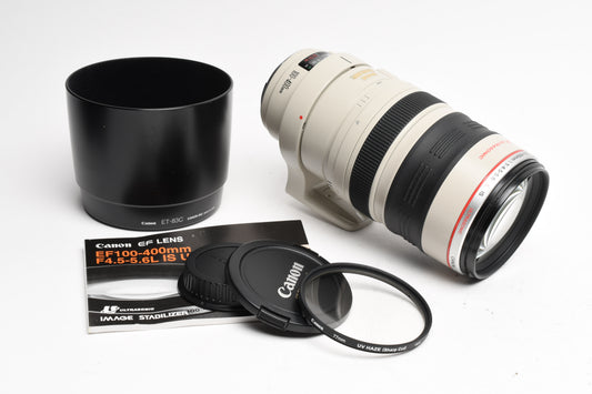Canon EF 100-400mm f4.5-5.6L IS USM Zoom, collar, caps, hood, UV, Mint-