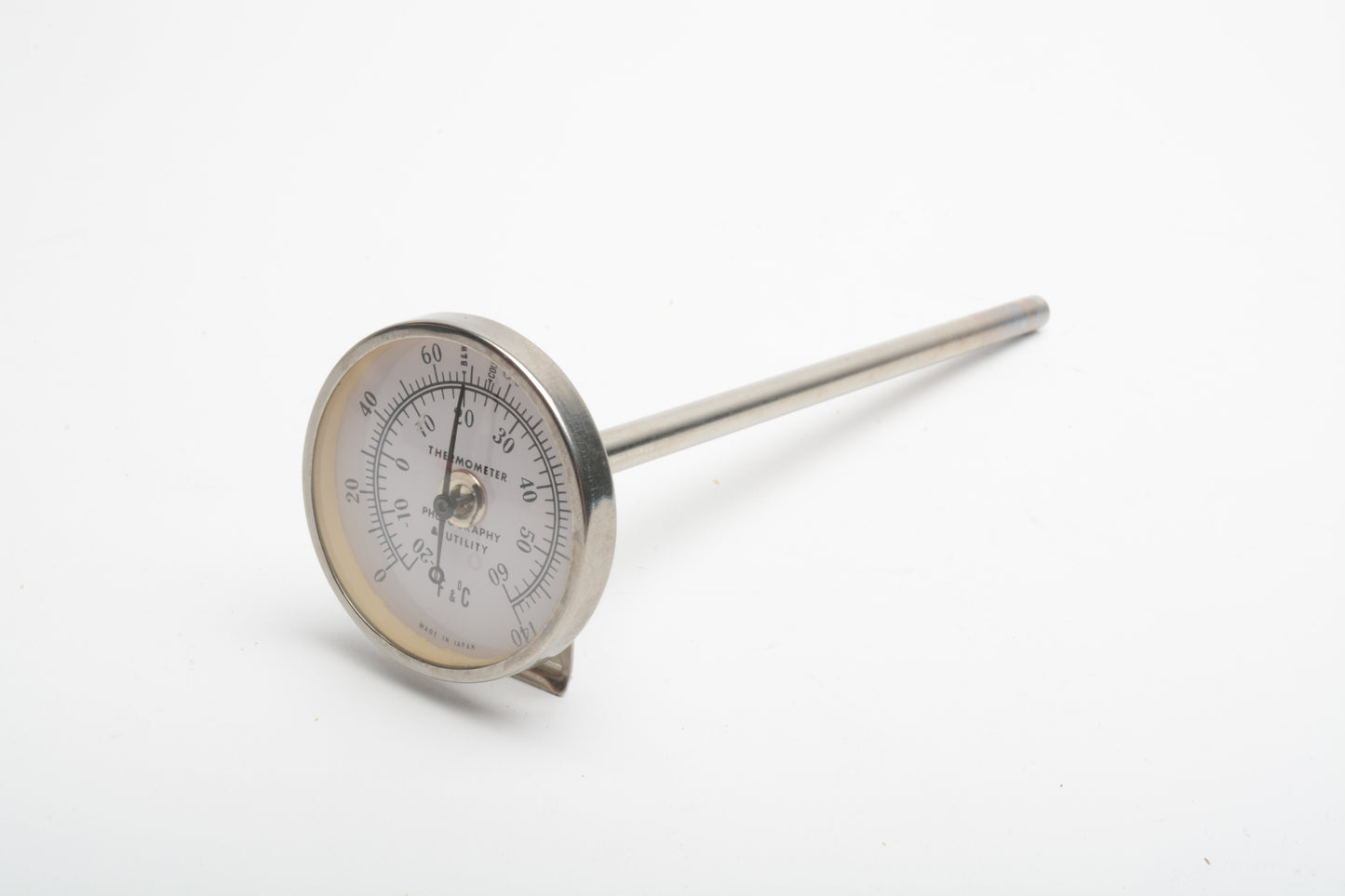 1.5" Dial thermometer w/6" post + tray clip 0-140 degrees F