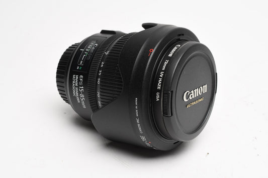 Canon EFS 15-85mm f3.5-5.6 IS USM zoom lens, w/Canon UV, Hood, Mint-