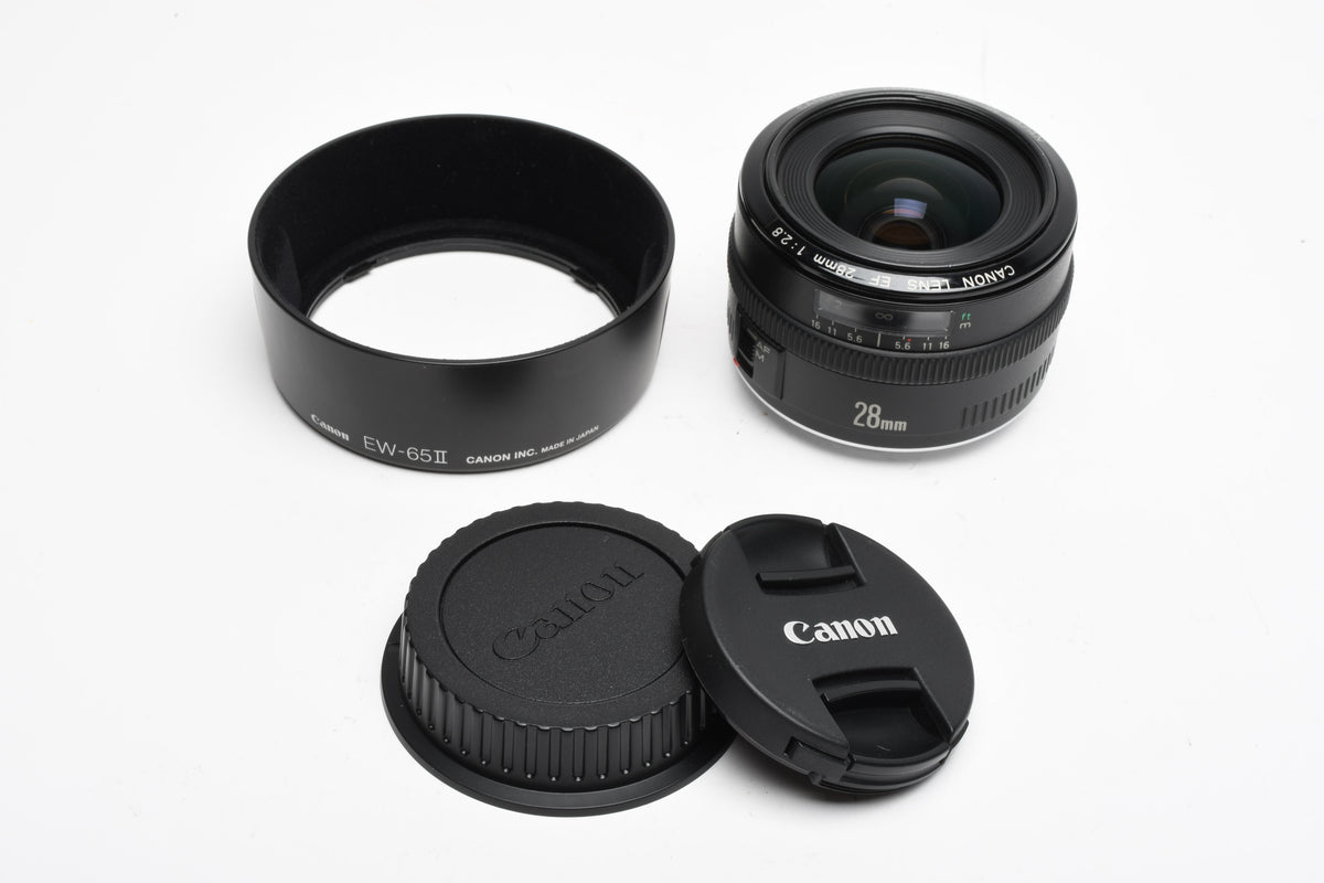 Canon EF 28mm f2.8 wide angle lens w/EW-65II lens hood, NIce and sharp