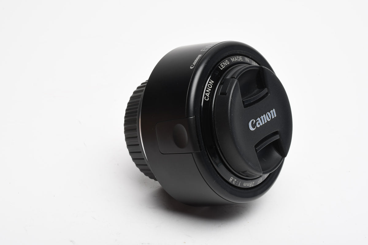 Canon EF 28mm f2.8 wide angle lens w/EW-65II lens hood, NIce and sharp