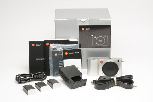 Leica T typ 701 18181 Silver body, boxed, complete w/3batts, charger, manual, strap, boxed