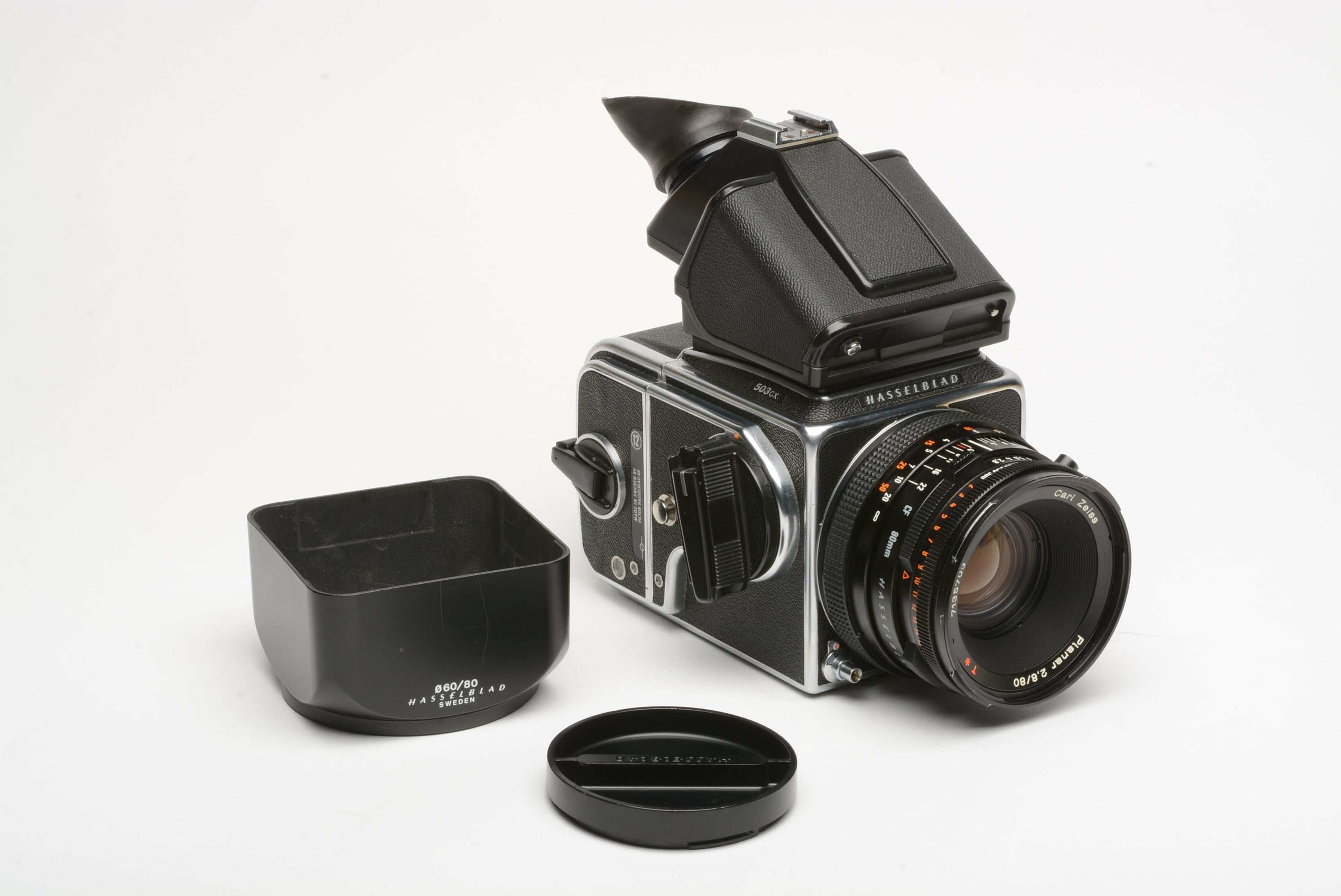 Hasselblad 503CX w/Planar 80mm f2.8, PME3 prism, a12 back, hood, cap,  tested, Clean!!