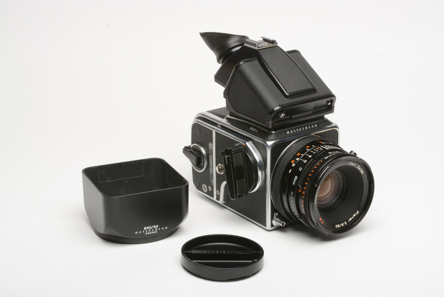 Hasselblad 503CX w/Planar 80mm f2.8, PME3 prism, a12  back, hood, cap, tested, Clean!!