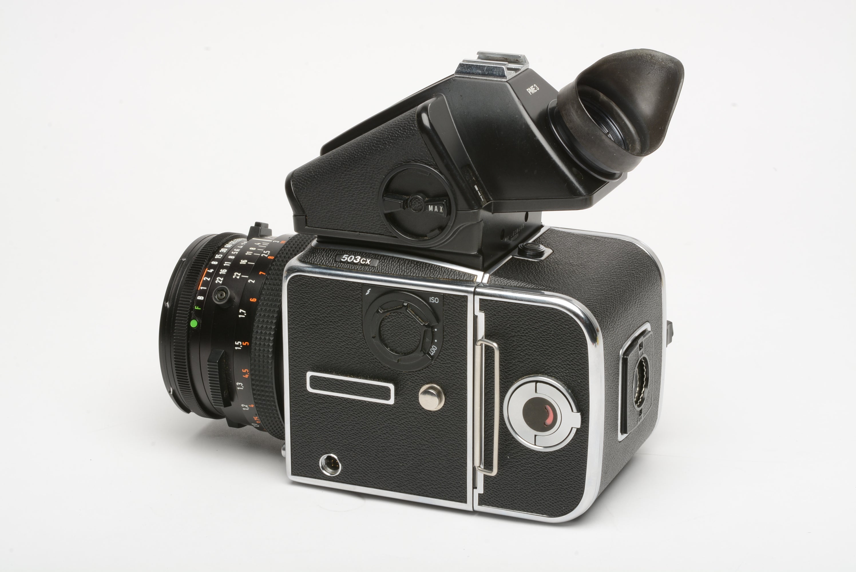 Hasselblad 503CX w/Planar 80mm f2.8, PME3 prism, a12 back, hood, cap,  tested, Clean!!