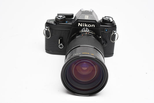 Nikon EM 35mm SLR w/Kiron 28-85mm zoom, Strap, New Seals, Great!