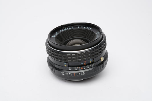 Pentax SMC 35mm F3.5 PK Mount lens, clean and sharp, w/Caps, case, Mint-