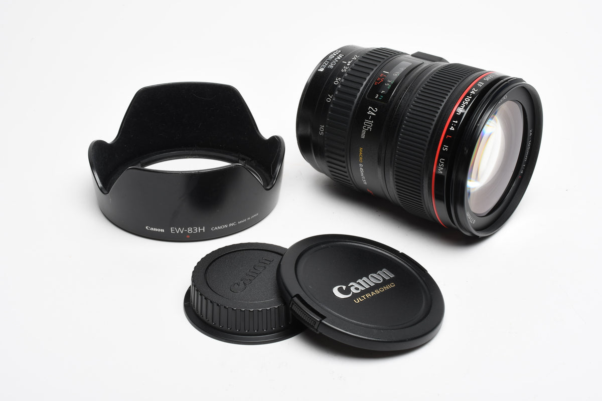 Canon EF 24-105mm f4L IS USM zoom lens, Caps, Hood, Nice