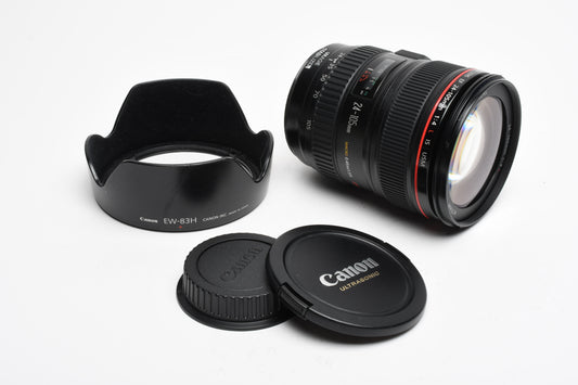 Canon EF 24-105mm f4L IS USM zoom lens, Caps, Hood, Nice