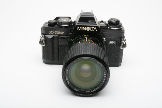 Minolta X700 35mm SLR w/28-70mm f3.5-4.5 zoom lens, strap, cap, new seals, tested