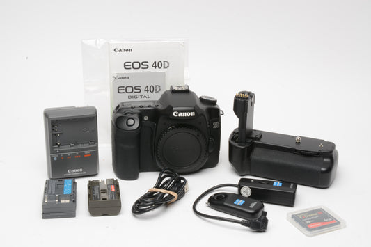 Canon EOS 40D Body, 2batts, charger, grip, wireless remote, 8017 Acts!!