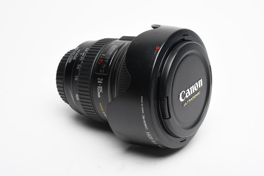 Canon EF 24-105mm f4L IS USM zoom lens, Caps, Hood, Nice