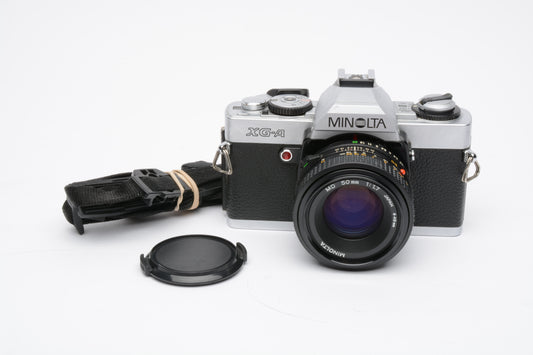 Minolta XG-A 35mm SLR w/50mm f1.7 lens, strap, cap, very clean, new seals