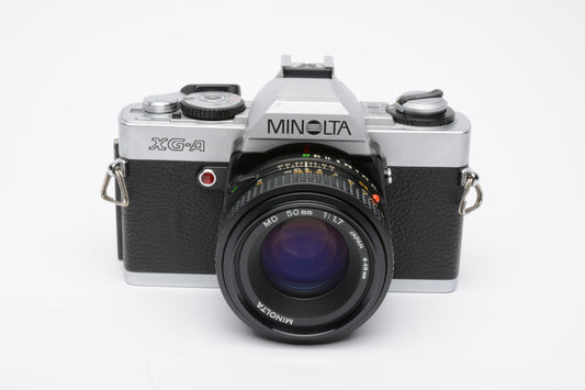 Minolta XG-A 35mm SLR w/50mm f1.7 lens, strap, cap, very clean, new seals