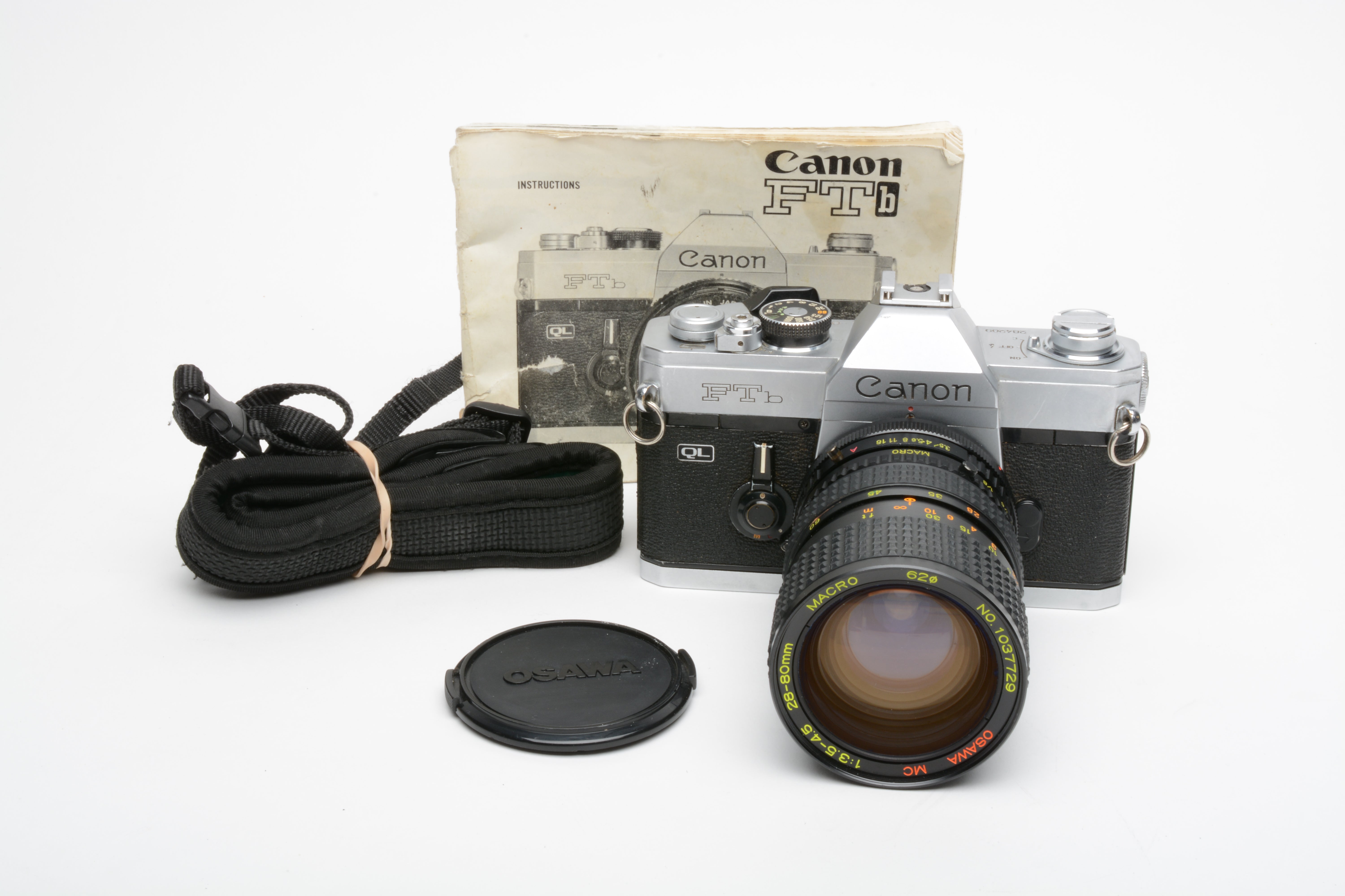 Canon FTb QL 35mm SLR w/28-80mm zoom lens, strap, cap, new seals +