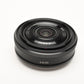 Sony E 20mm f2.8 SEL20f28, Hood, Caps, UV filter, Mint-