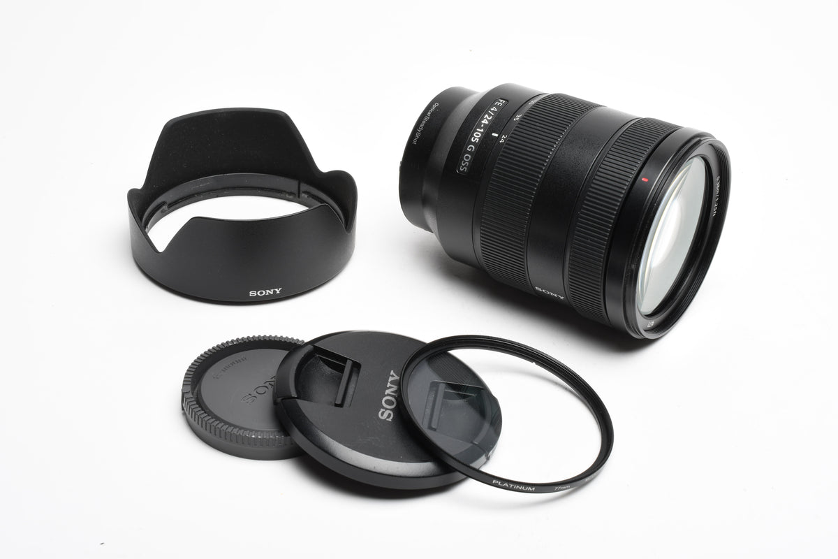Sony FE 24-105mm f4 GM OSS zoom lens, hood, caps, UV, Very clean & sharp