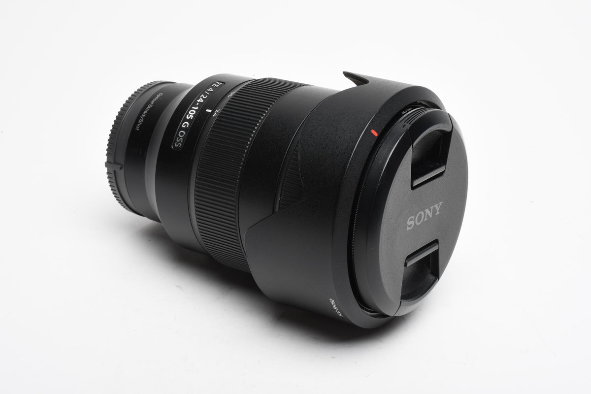 Sony FE 24-105mm f4 GM OSS zoom lens, hood, caps, UV, Very clean & sharp
