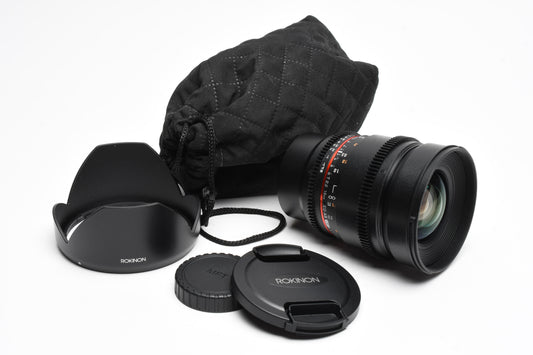 Rokinon 16mm T2.2 ED AS UMC CS II for Micro 4/3 mount, Hood+Pouch, Mint-